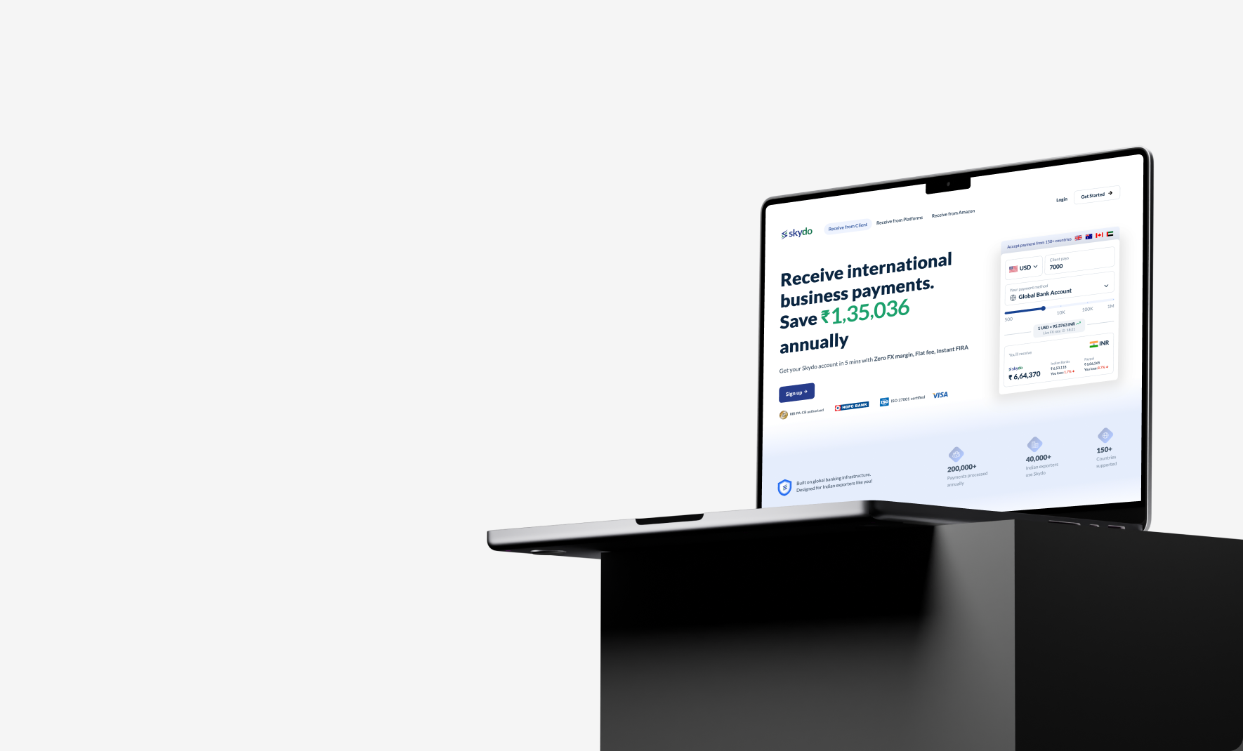 The Skydo InstaLinks marketing site on a laptop, showing the international-payments calculator