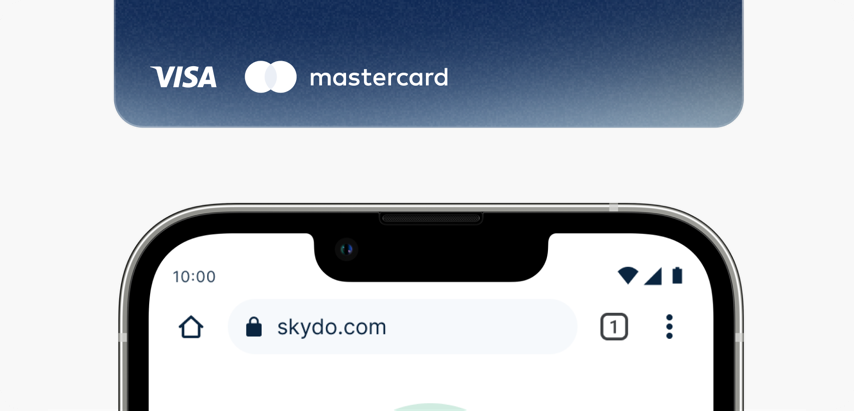 The top of the payer's phone: a Visa and Mastercard card graphic above a browser open at skydo.com.