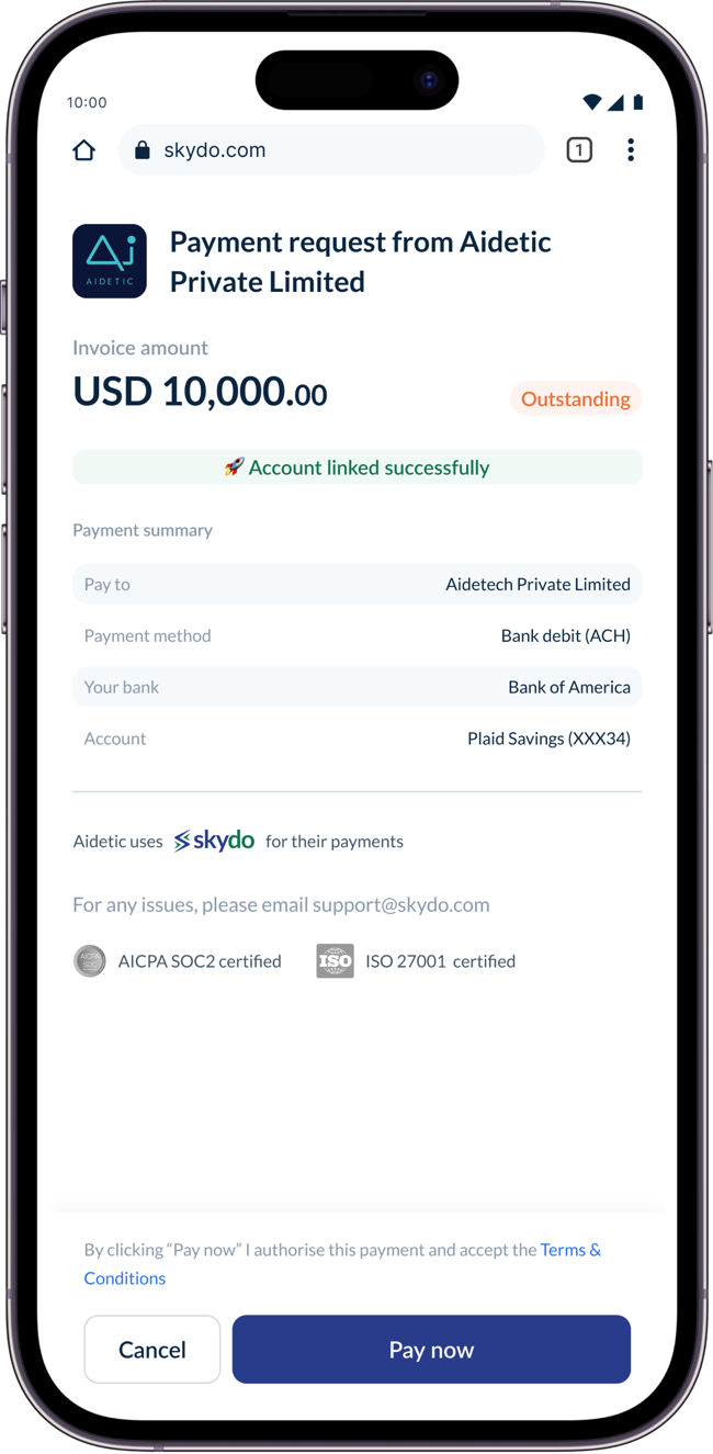 A close-up of the confirm step at the bottom of the payer's phone: 'By clicking Pay now I authorise this payment and accept the Terms and Conditions', with Cancel and Pay now buttons.