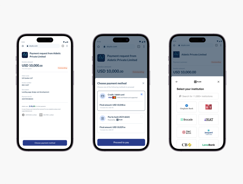 Three screens of the mobile payer flow side by side: the payment request, choosing a payment method, and picking a bank.