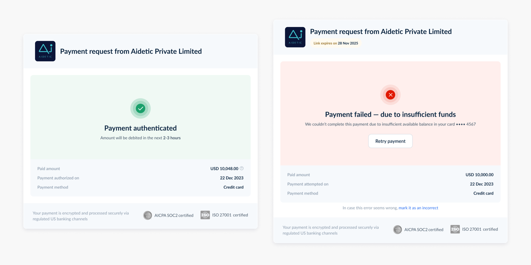 Two outcomes of a payment: 'Payment authenticated', with the amount debited in the next 2-3 hours, and 'Payment failed due to insufficient funds', with a Retry payment button.