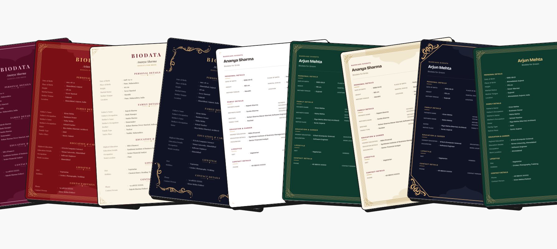 Nine biodata templates fanned out side by side: traditional and modern layouts in maroon, sindoor red, cream, royal navy, white and emerald, with Jharokha, Jaali, Mandap, Bel, Heritage and Sanskar borders.