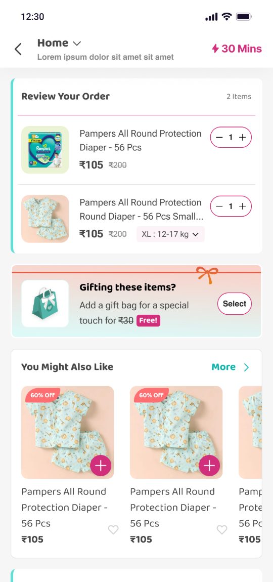 The cart: review your order, add a gift bag, and items you might also like.