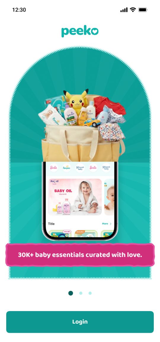 Onboarding and login: '30K+ baby essentials curated with love', 'Try and buy, 7-day easy returns', 'Doorstep delivery in 60 minutes', then a phone-number login.