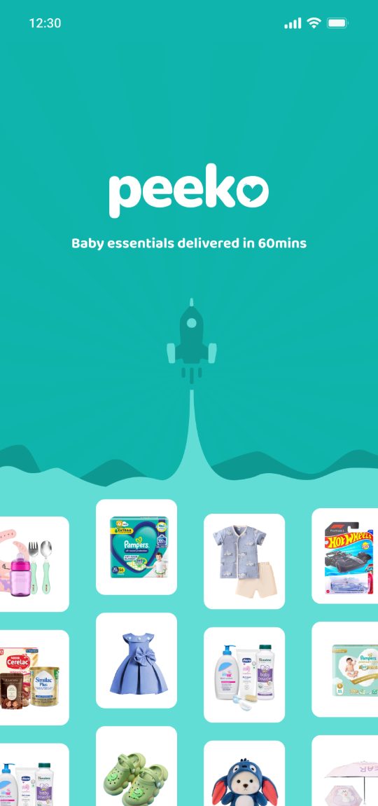 Peeko: the teal splash screen, 'Baby essentials delivered in 60mins', beside the home screen with its fashion tabs and diapers shelf.
